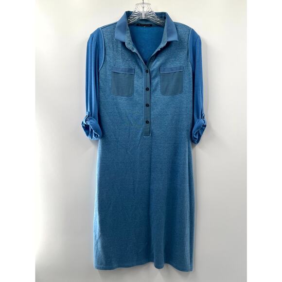 Elie Tahari Women's Blue Solid Linen Half Button Roll Tab Sleeve Shirt Dress XS - Picture 1 of 8